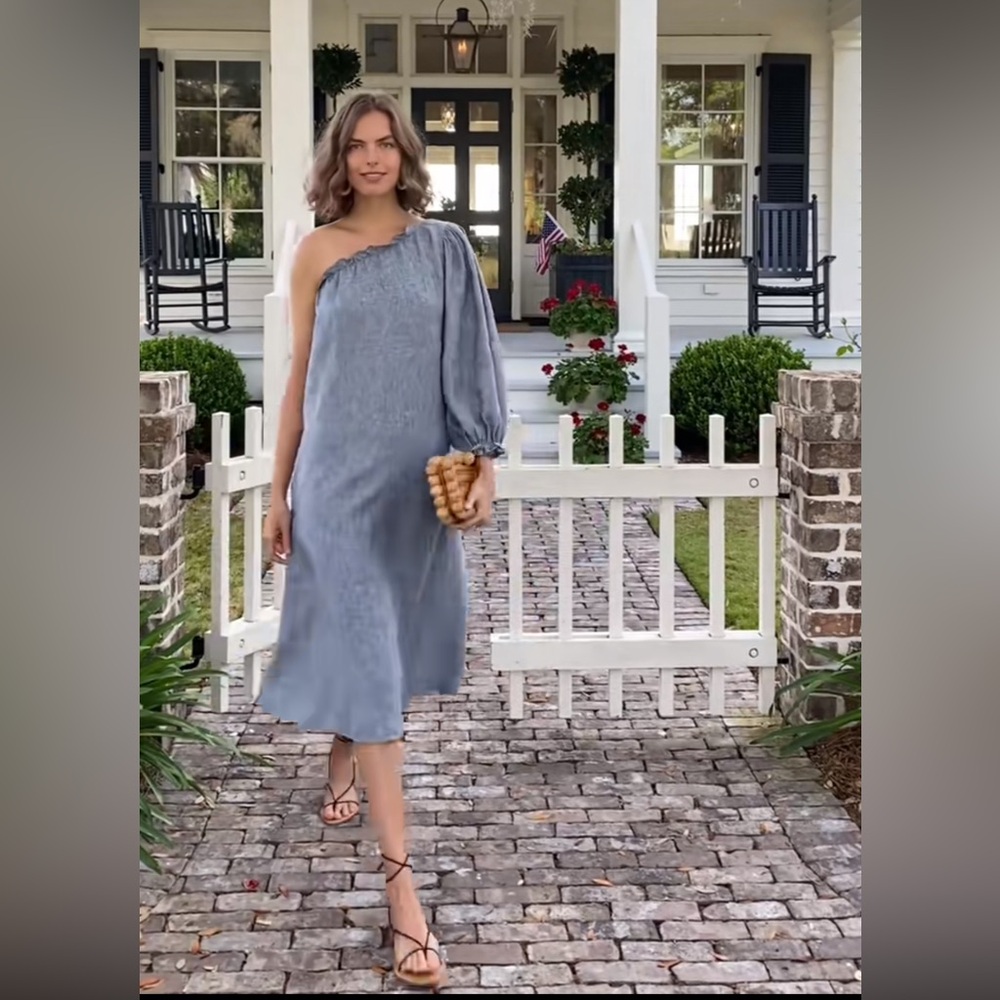 LAKE Milly One Sleeve Linen Dress Blue Small
